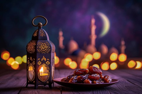 Ramadan lantern with a plate of succulent figs in violet purple tones with mosque and moon, set on