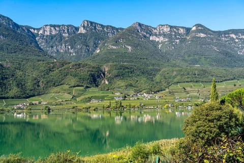 Lake Kaltern, near the village of Kaltern, in the Adige Valley in South Tyrol, one of the two