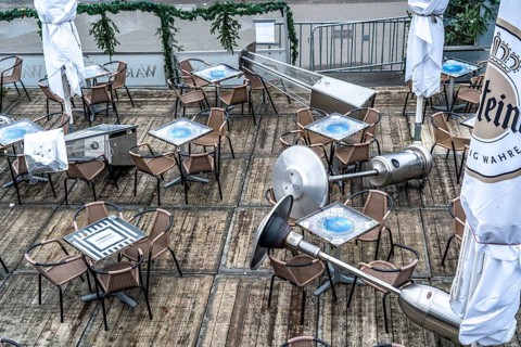 Closed outdoor catering, beer garden, on the banks of the Rhine, old town, casemates, relocated