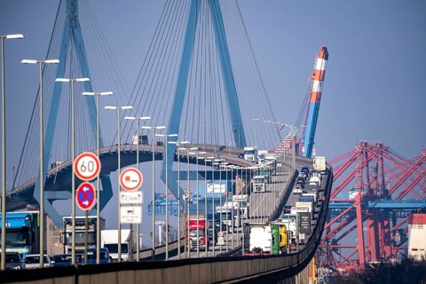 Traffic on the Köhlbrand Bridge in the port of Hamburg, spans the 325 m wide Köhlbrand, an arm of