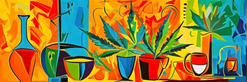 Abstract composition of a cannabis cafe with ambiance bold contrasting colors and playful shapes,