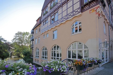 Historic house on the river Gera, Long Bridge, half-timbered house, floral decoration, Erfurt,
