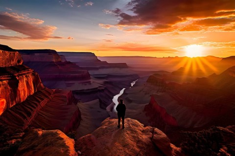 Sunrise over grand canyon in vibrant colors casting light on overhanging rock formations, AI