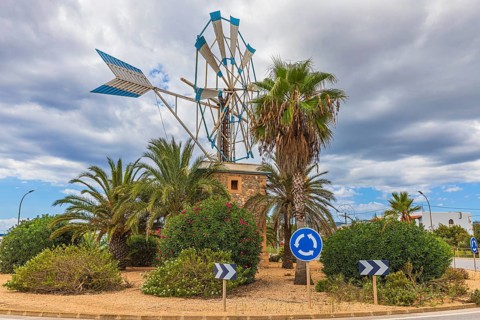 Windmill in a roundabout in Sant Jordi, Ibiza, Balearic Islands, Mediterranean, Spain, Europe