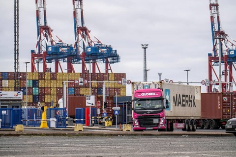 Entry and exit for container lorries, to the MSC container terminal in the seaport of Bremerhaven,