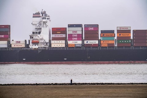 Thick fog in winter, hanging over the mouth of the Elbe into the North Sea, container ship NYK