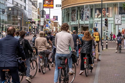 Central cycle path on Lange Viestraat, in the city centre of Utrecht, lanes for pedestrians,