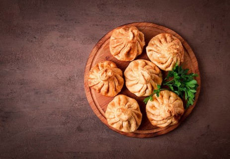 Deep-fried khinkali, khinkali with meat, traditional Georgian dish, no people