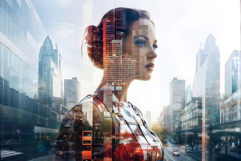 Digital representation of a multiple exposure photograph featuring a cyber human and an urban