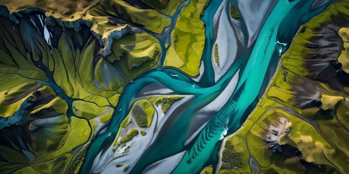 Aerial view perpendicular top down of an abstract colorful river along the coastline, AI generated