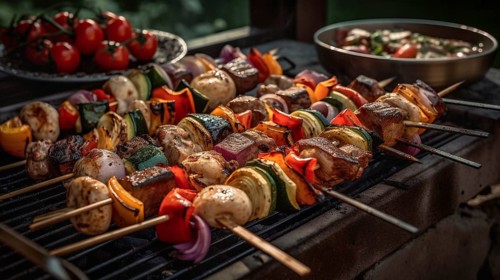 Fresh succulent vegetable and steak kebab on the flame grill, generative AI, AI generated