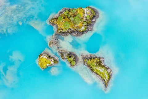Lake Lovatnet (or: Loenvatnet), aerial view top down, islands in the lake, Loenvatn, valley Lodalen