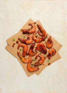 Fried tiger prawns, with spices, homemade, top view