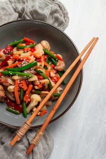 Wok, Asian-style vegetables, street food, mixed vegetables, no people, top view