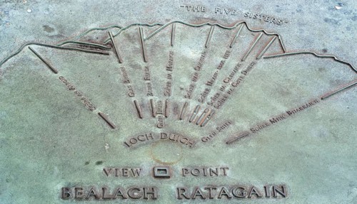 Orientation table at the Bealach Ratagain, Ratagan viewpoint with names of the mountain summits of