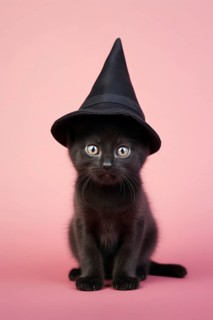 Cute young black cat with Halloween costume witch hat in front of pink studio background. KI
