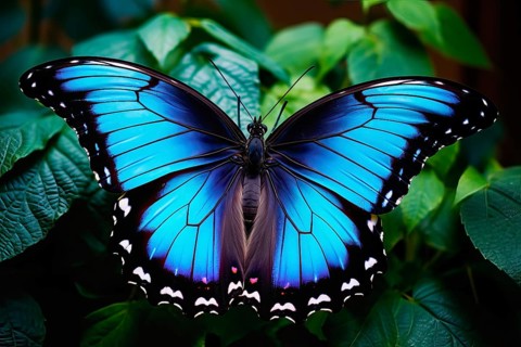 Beautiful stylized blue monarch butterfly on natural leaves environment, AI generated
