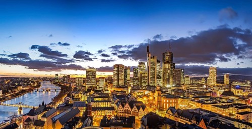 View of the banking district in the evening, skyscrapers of the credit institutions, Mainhatten, in