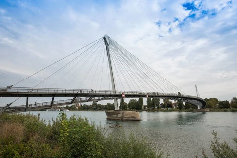 Bridge over the Rhine, cable-stayed bridge Passerelle des Deux Rives, Kehl, Ortenau,