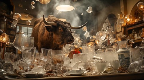 Very large bull with horns running through a China shop filled with glassware. generative AI, AI