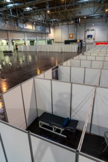 Construction of a vaccination centre for corona vaccinations, in a hall at Messe Essen, by the