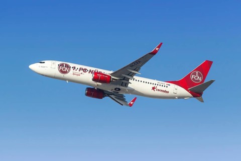 A Boeing 737-800 aircraft of Corendon Airlines with the registration 9H-CXA and the 1 FC Nuremberg