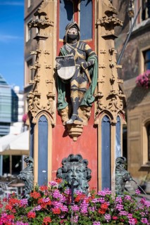 Close-up of the fish box fountain on the market square, Ulm, Baden-Württemberg, Germany, Europe