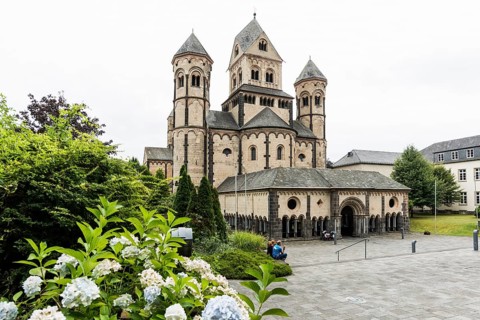 Romanesque monastery church, Benedictine Abbey Maria Laach, Eifel, Rhineland-Palatinate, Germany,