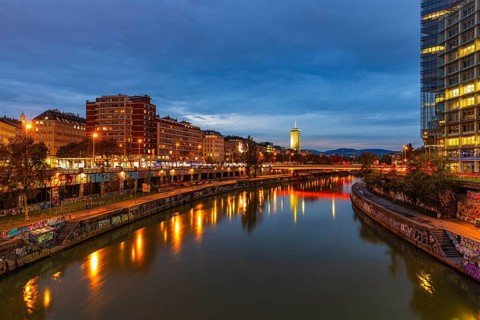 Illuminated Franz-Josefs Quay on the Danube Canal, evening mood, Vienna Austria