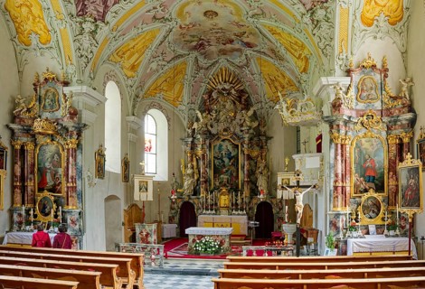 Baroque Roman Catholic parish church of St Nicholas, a listed building, interior view, Obernberg am