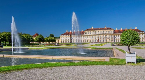 Garden parterre with fountain in front of the New Palace in the Schleissheim Palace complex,