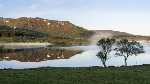 Landscape in the Lofoten Islands. Lake Lilandsvatnet, mountains in the background. Trees in the
