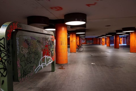 Completely neglected, dirty subway, tunnel, pedestrian tunnel, Messedamm, between International