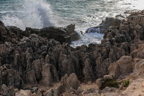 Eroded rocks on the beach of Salines, Ibiza, Balearic Islands, Mediterranean Sea, Spain, Europe