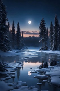 Tranquil winter night scene with a crescent moon and stars shining brightly over a frozen lake,
