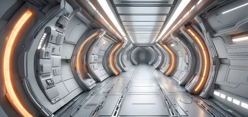 Three dimensional render of futuristic corridor inside a spaceship or space station, AI generated