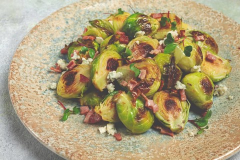 Roasted brussels sprouts, with bacon, vegetarian food, homemade, no people