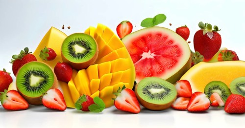 Colorful and artfully arranged slices of fruits like mangoes, strawberries, and kiwi, AI generated