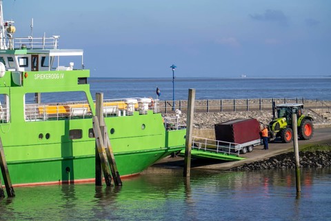 Neuharlingersiel, ferry from, to the island of Spiekeroog, being loaded, Lower Saxony, Germany,