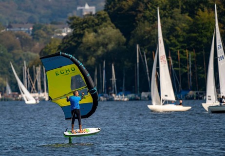 Lake Baldeney in Essen, reservoir of the Ruhr, sailing boats, foil surfers, hydrofoil, Essen, North