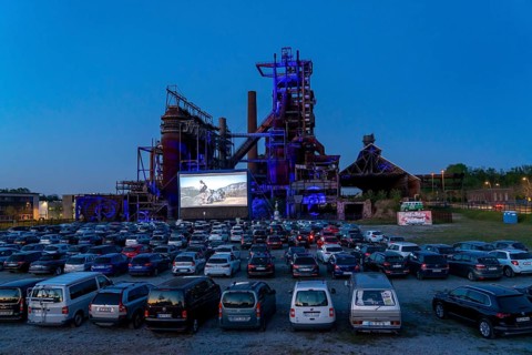 Drive-in cinema Dortmund, against the backdrop of the former blast furnace plant Phönix-West in