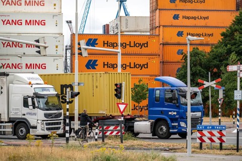Europoort harbour, Waalhaven area, large container stack, warehouse, at RST Container Terminal,
