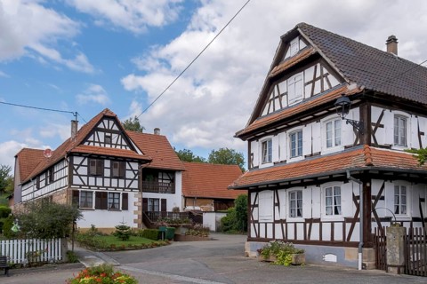 Main street with half-timbered houses, Hunspach, Alsace, France, Europe