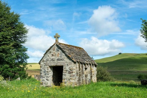 Small chapel in the Cezallier plateau, nestled in the Auvergne Volcanoes Regional Natural Park, Puy