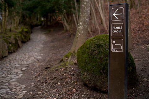 Signpost to Tell's Chapel and Hohle Gasse, artificial hollow path between Immensee and Küssnacht am