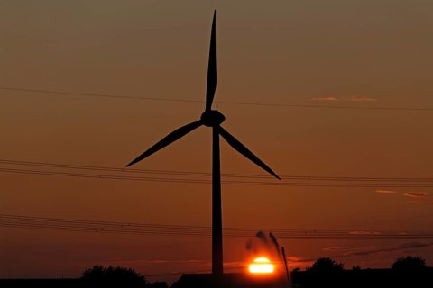 Sunset, wind power plant, field irrigation, silhouettes, Melbeck, Samtgemeinde Ilmenau, Lower