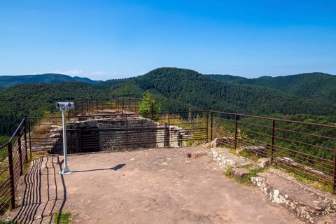 Upper platform of Fleckenstein Castle in Alsace France with a view of the Vosges mountains and the