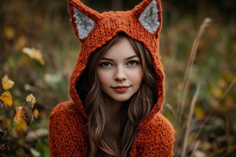 Pretty young woman wearing a fox sweater with ears in autumn forest. Generative Ai, AI generated