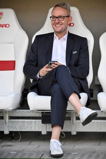 Chairman of the Board Alexander Wehrle VfB Stuttgart, bench, smiles, MHPArena, MHP Arena Stuttgart,