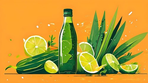 Abstract wallpaper composition with bottle of delicious green detox juice and fruits and
